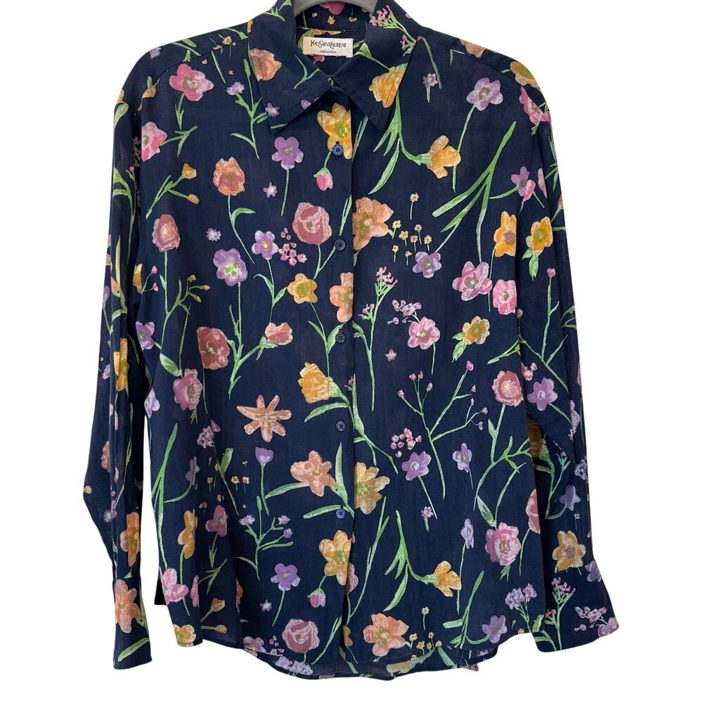Vintage Yves Saint Laurent Variation Navy Floral Blouse | 80s 90s Designer